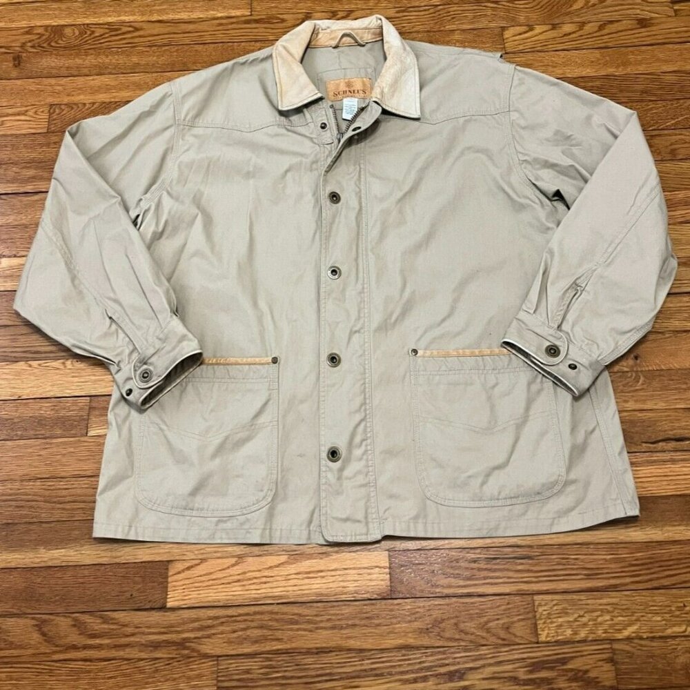 Vintage SCHNEES Jacket Men's Size XXL Tan Chore Khaki Leather Snap Field Utility